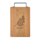 Planche à découper rectangulaire en bois d’acacia avec poignée métallique noire. Un motif végétal accompagné d’une inscription e Planche à découper rectangulaire en bois d’acacia avec poignée métallique noire. Un motif végétal accompagné d’une inscription e