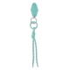 Porte-clés turquoise présenté à plat, avec étiquette allongée, double anneau et cordon tressé à motifs blancs terminé par deux b Porte-clés turquoise présenté à plat, avec étiquette allongée, double anneau et cordon tressé à motifs blancs terminé par deux b