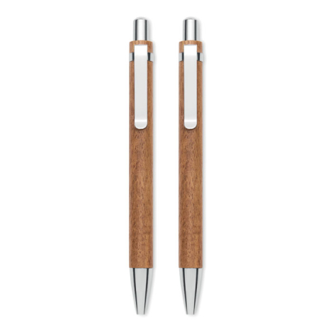 Stylo bille et porte-mine en bois avec boutons-poussoirs, clips et pointes métalliques argentés, présentés côte à côte.