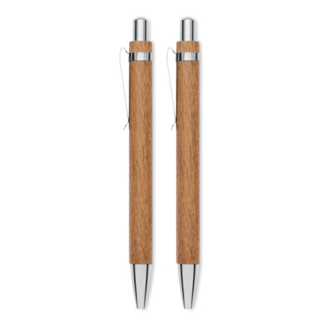 Vue arrière du stylo bille et du porte-mine en bois, avec leurs clips et finitions métalliques argentés.