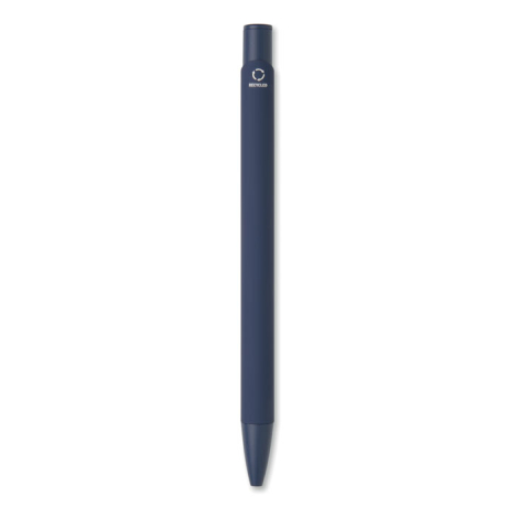 Vue du stylo bille bleu avec pointe assortie et inscription blanche accompagnée d’un pictogramme près de son extrémité supérieur