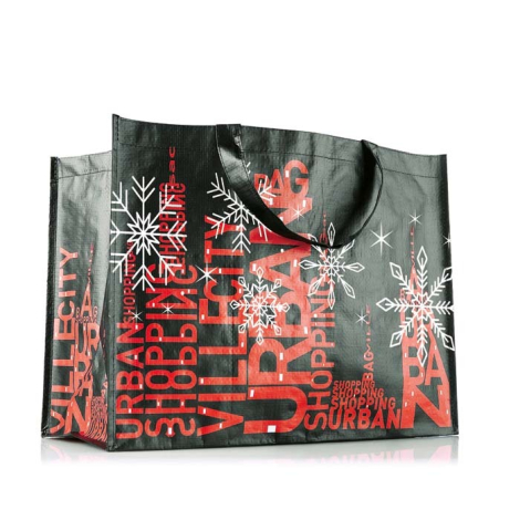 Sac shopping laminé horizontal noir avec anses longues assorties et graphisme imprimé rouge et blanc sur les faces visibles avec