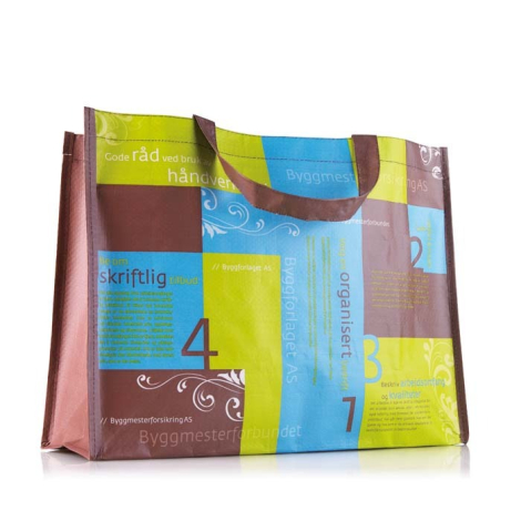 Sac shopping laminé horizontal avec anses et soufflets marron, entièrement recouvert d’un graphisme imprimé multicolore avec per
