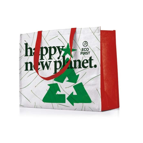 Sac shopping laminé horizontal blanc avec anses et soufflet rouges, personnalisé avec un graphisme imprimé vert et noir et un ma