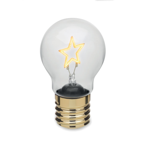 Ampoule transparente à culot doré avec filament lumineux en forme d’étoile, diffusant une lumière jaune orangé.