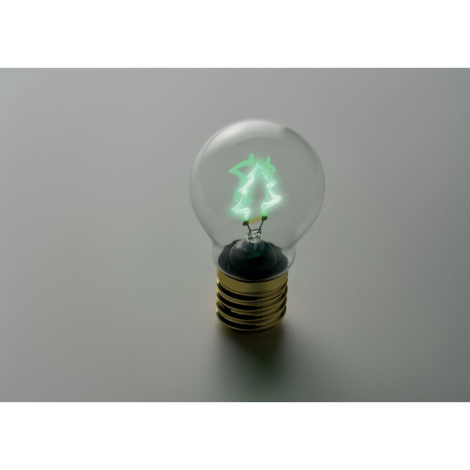 Ampoule décorative allumée dans une ambiance sombre, avec filament vert lumineux en forme de sapin.