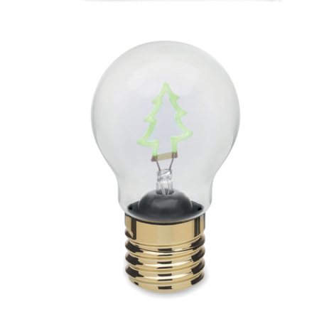 Ampoule transparente présentée de face avec culot doré et filament vert en forme de sapin.