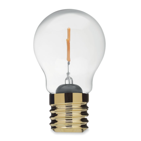 Vue de face de l’ampoule transparente avec culot doré et filament orange vu de profil.
