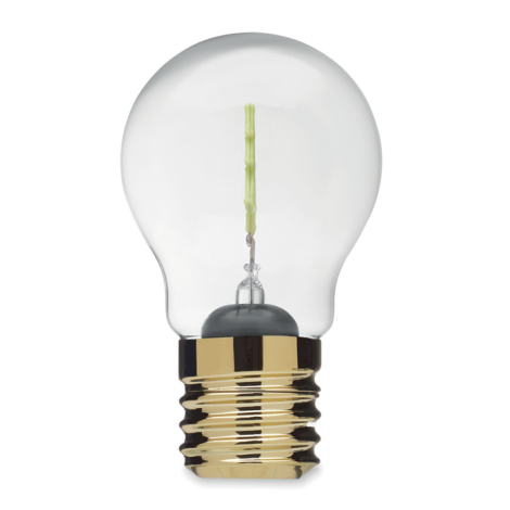 Ampoule transparente avec culot doré et filament vert en forme de sapin vu de profil.