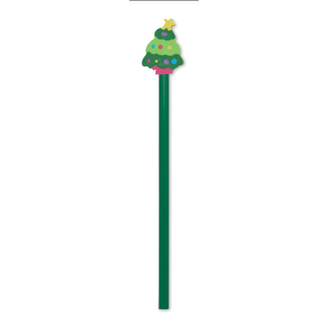 Crayon vert coiffé d’une gomme en forme de sapin de Noël décoré de boules multicolores et d’une étoile jaune.