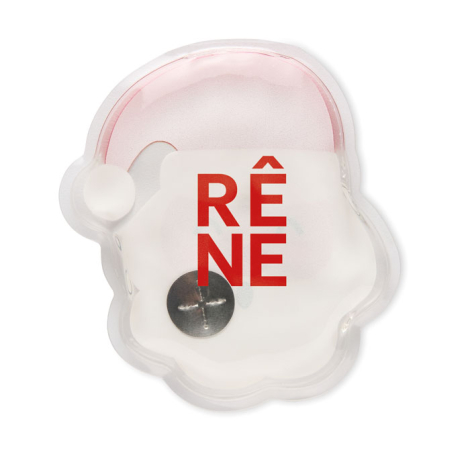 Vue arrière du chauffe-mains Père Noël avec un marquage rouge visible au centre et la plaque métallique ronde perceptible à trav