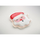 Chauffe-mains Père Noël posé à plat et présenté en perspective, montrant son contour transparent et son décor rouge, blanc et ro Chauffe-mains Père Noël posé à plat et présenté en perspective, montrant son contour transparent et son décor rouge, blanc et ro