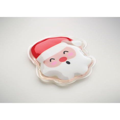 Chauffe-mains Père Noël posé à plat et présenté en perspective, montrant son contour transparent et son décor rouge, blanc et ro