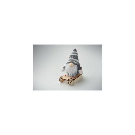 Lutin gris sur son traîneau en bois présenté en perspective, avec son bonnet rayé et sa longue barbe blanche.