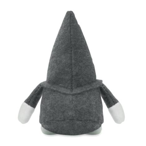 Vue de dos d’un lutin en feutre gris montrant son bonnet pointu prolongé sur le corps, ses bras et ses extrémités blanches.