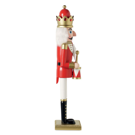 Vue de profil du casse-noisette montrant sa couronne dorée et rouge, ses cheveux et sa barbe blancs, ainsi que le tambour tenu d