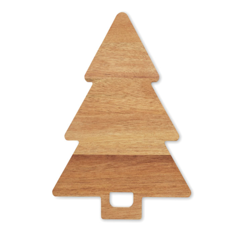 Vue à plat de la planche en bois en forme de sapin, montrant les différentes nuances du bois et la poignée ajourée à sa base.