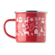 Vue de côté du mug rouge avec anse, décoré de motifs blancs représentant notamment des rennes, cadeaux, sapins, chaussettes et f Vue de côté du mug rouge avec anse, décoré de motifs blancs représentant notamment des rennes, cadeaux, sapins, chaussettes et f