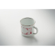 Mug blanc à bord argenté et anse latérale, décoré de petits motifs de Noël rouges et présenté seul. Mug blanc à bord argenté et anse latérale, décoré de petits motifs de Noël rouges et présenté seul.