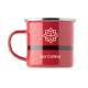 Mug rouge en métal émaillé avec bord argenté et anse latérale, décoré d’une bande noire horizontale et présenté de face avec un Mug rouge en métal émaillé avec bord argenté et anse latérale, décoré d’une bande noire horizontale et présenté de face avec un