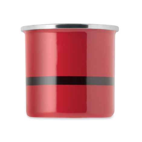 Vue arrière du mug rouge montrant la bande noire horizontale qui entoure le mug.