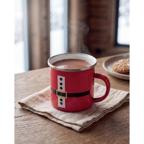 Mug rouge rempli d’une boisson chaude fumante, posé sur une serviette avec sa décoration de ceinture noire et boucle dorée visib