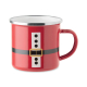 Vue de face du mug rouge à bord argenté avec anse à droite, décoré d’une ceinture noire, d’une boucle dorée et d’une bande verti Vue de face du mug rouge à bord argenté avec anse à droite, décoré d’une ceinture noire, d’une boucle dorée et d’une bande verti