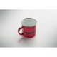 Vue en plongée du mug rouge vide montrant son anse et la bande noire horizontale qui entoure le mug. Vue en plongée du mug rouge vide montrant son anse et la bande noire horizontale qui entoure le mug.