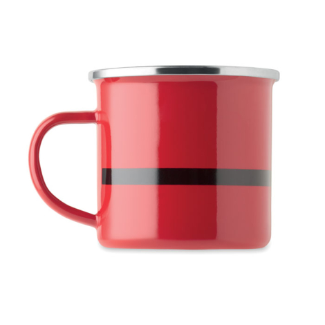 Vue arrière du mug rouge à bord argenté avec anse à gauche et bande noire horizontale.