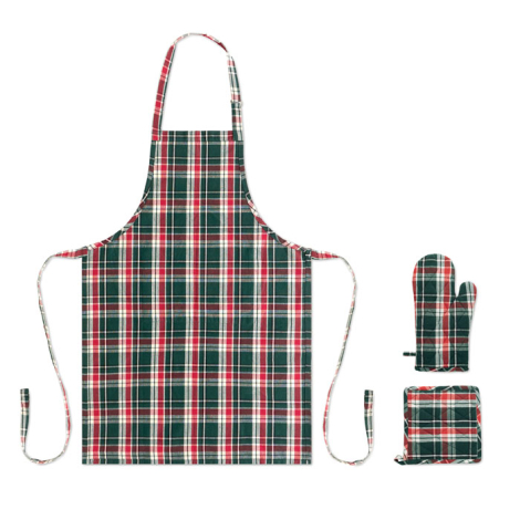 Vue arrière du tablier à carreaux verts, rouges et blancs, accompagné du gant de cuisine et de la manique assortis.