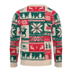 Vue de dos du pull de Noël à col rond, couvert de motifs tricotés beige, verts et rouges représentant notamment des sapins, renn Vue de dos du pull de Noël à col rond, couvert de motifs tricotés beige, verts et rouges représentant notamment des sapins, renn