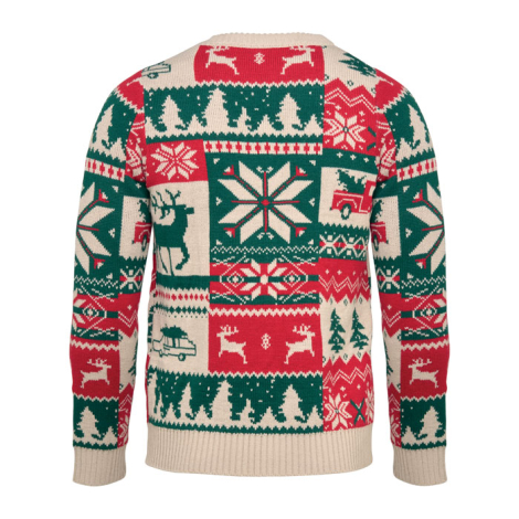Vue de dos du pull de Noël à col rond, couvert de motifs tricotés beige, verts et rouges représentant notamment des sapins, renn