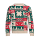 Vue de face d’un pull de Noël à col rond, tricoté dans des tons beige, vert et rouge avec motifs de sapins, rennes, flocons et v Vue de face d’un pull de Noël à col rond, tricoté dans des tons beige, vert et rouge avec motifs de sapins, rennes, flocons et v