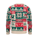 Vue de dos du pull de Noël à col rond, couvert de motifs tricotés beige, verts et rouges représentant notamment des sapins, renn Vue de dos du pull de Noël à col rond, couvert de motifs tricotés beige, verts et rouges représentant notamment des sapins, renn