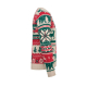 Vue de profil du pull de Noël à col rond beige, montrant les motifs tricotés verts et rouges qui se prolongent sur le côté et la Vue de profil du pull de Noël à col rond beige, montrant les motifs tricotés verts et rouges qui se prolongent sur le côté et la