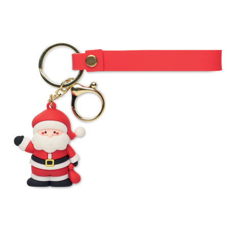 Porte-clés avec pendentif Père Noël vu de face, relié à un grand anneau et à un mousqueton dorés, avec une longue sangle rouge d