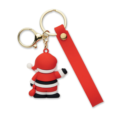 Vue de dos du porte-clés avec pendentif Père Noël rouge, blanc et noir, grand anneau, mousqueton doré et longue sangle rouge.