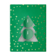 Vue de dessus d’une boîte cadeau verte parsemée d’étoiles dorées, avec découpe en forme de sapin laissant apparaître plusieurs b Vue de dessus d’une boîte cadeau verte parsemée d’étoiles dorées, avec découpe en forme de sapin laissant apparaître plusieurs b