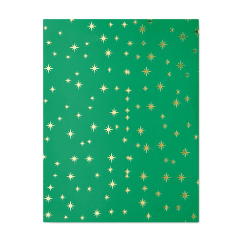 Vue de dos d’une boîte cadeau verte entièrement parsemée de petites étoiles dorées.