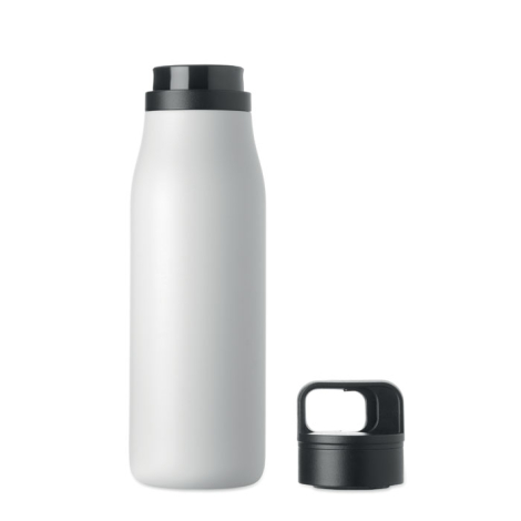 Bouteille blanche ouverte présentée debout sur fond blanc, avec son couvercle noir à poignée intégrée posé séparément à côté.