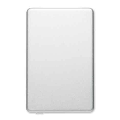 Vue arrière d’une batterie externe argentée rectangulaire aux angles arrondis, avec surface unie et petit élément visible sur la