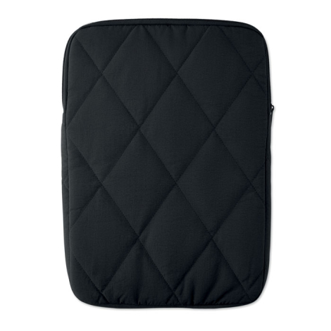 Vue arrière de la pochette noire fermée, entièrement matelassée de coutures en losange et bordée par une fermeture zippée.