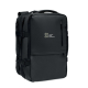 Sac à dos noir de forme rectangulaire vu de trois quarts, avec poignée supérieure, plusieurs compartiments zippés, sangles latér Sac à dos noir de forme rectangulaire vu de trois quarts, avec poignée supérieure, plusieurs compartiments zippés, sangles latér