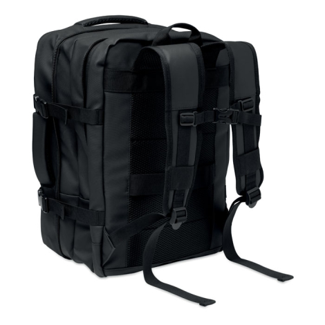 Vue arrière de trois quarts du sac à dos noir avec dos rembourré en filet, bretelles rembourrées réglables et sangle de poitrine