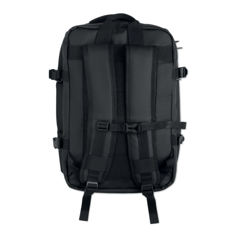 Vue arrière du sac à dos noir montrant les deux bretelles rembourrées réglables, le dos en filet et la sangle de poitrine à bouc