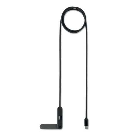 Vue du câble USB-C noir avec support intégré déplié, montrant un port USB-C sur le boîtier et un connecteur USB-C à l’autre extr