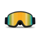Vue de face d’un masque de ski noir doté d’un large écran miroir aux reflets dorés, verts et bleutés. Vue de face d’un masque de ski noir doté d’un large écran miroir aux reflets dorés, verts et bleutés.
