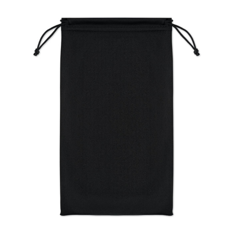 Pochette de rangement noire de forme rectangulaire avec fermeture par double cordon de serrage.