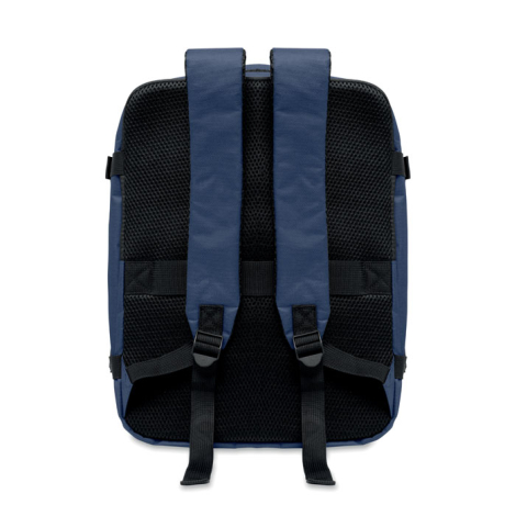 Vue arrière d’un sac à dos cabine bleu montrant le dos en filet rembourré, les deux bretelles réglables et le passant trolley ho