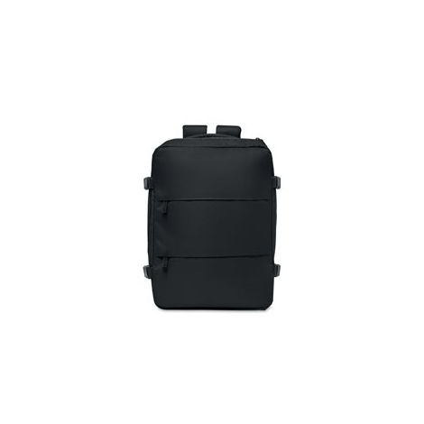 Vue de face d’un sac à dos cabine noir de forme rectangulaire avec deux poches frontales zippées et sangles de compression visib